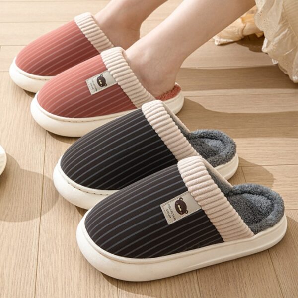 Solid Striped Plush Slippers Winter Warm Bear Fleece Shoes House Indoor Bedroom Floor Thick-soled Home Slipper For Women Men Couple - Image 10